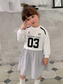 DAZY Infant/Toddler (Girl) Round Neck Striped Patchwork Short Sleeve English Print Dress - White - View 5