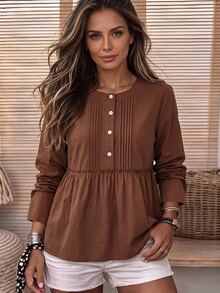 Holdful Holdful Women's Fashion Button Half-Placket Pleated Minimalist Shirt - Coffee Brown - View 4