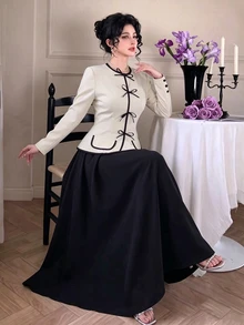 Modelyn Women's Black & White Colorblock Cinched Waist Jacket & Midi Skirt 2 Pieces Set - Black and White - View 9