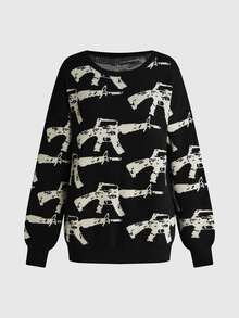 ROMWE Grunge Punk Women Allover Contrast Graphic Drop Shoulder Knit Sweater, Wide Neck Loose Fit Streetwear Pullover - Black - View 1
