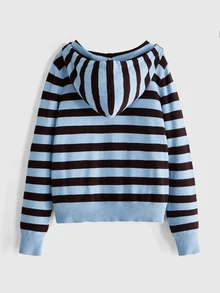 ROMWE Grunge Punk Women's Striped Long Sleeve Zipper Front Drawstring Hooded Knit Cardigan - Blue - View 2