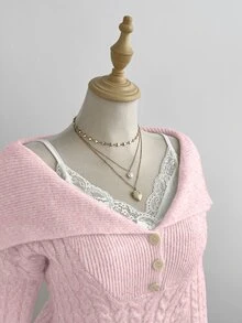 Elamini Sweater Pullover Rajut Klasik Setengah Terbuka Depan, Warna Putih, Kasual, Serbaguna untuk Perjalanan Sehari-hari, Musim Gugur/Dingin - Berwarna merah muda - View 5