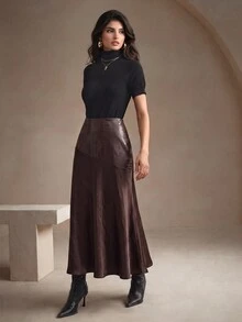 Modelyn Women's Elegant Textured Leather Asymmetric Patchwork Satin Draped Skirt - Coffee Brown - View 4