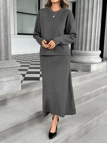 Pariaura Slouchy Minimalist Commute Casual Premium Feel Round Neck Loose Fit Slimming Pullover Sweater And Elastic Waist Skirt 2 Pieces Set - Grey - View 6