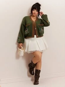 CovetEZ Autumn/Winter New Deer Plant Embroidery Pattern Halloween Christmas Casual Colorblock Cute Plus Size Cardigan - Green - View 7