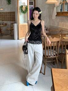 DAZY 女款素色對比蕾絲時尚優雅背心上衣 秋季 - 黑色 - 查看 4