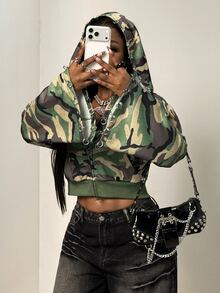 BamGleam Women's Punk Style Camouflage Print Cropped Sweatshirt - Army Green - View 8