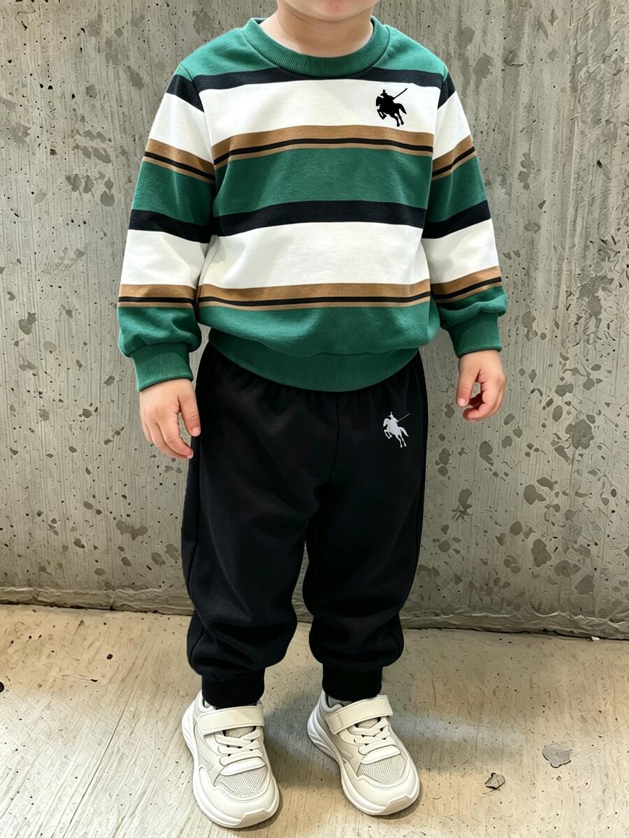 Genkimix Kids 2件組小男孩休閒運動學院風街頭可愛酷馬圖案條紋印花運動衫+長褲,適合日常穿著、上學、外出、運動,春秋季節穿著,為男孩提供多種搭配選擇,增加衣著組合多樣性,整體設計簡約優雅,舒適時尚 - 彩色 - 查看 1