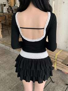 DAZY 女款蕾絲飾邊修身百搭日常長袖上衣 - 黑色 - 查看 8