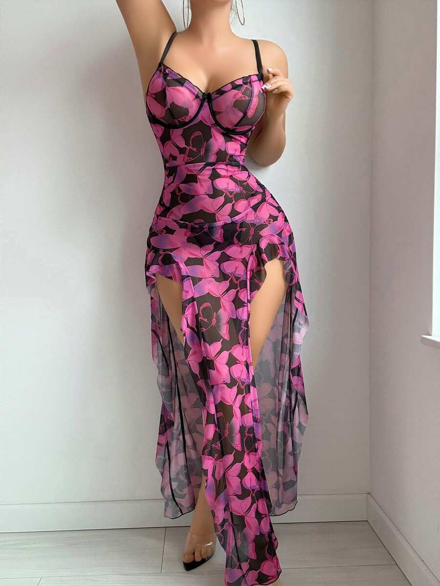 SHEIN Sexy Party Ruffle Underwire Slit Maxi Dress + Thong 2pcs Set - Purple - View 1