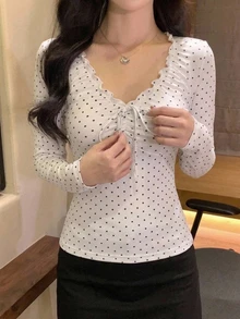 DAZY 女款夏季波點滿版印花抓皺無袖V領套頭休閒背心 - 白色 - 查看 4