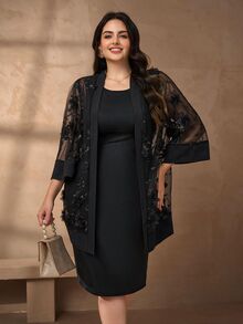 Chikora 大尺碼女款兩件套，夏季優雅白色刺繡開襟襯衫與長裙套裝，休閒與辦公穿著 - 黑色 - 查看 8