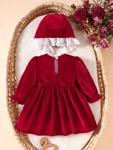 Souflis Souflis 2件組 幼兒女嬰天鵝絨洋裝 優雅甜美酒紅色 蕾絲蝴蝶結荷葉邊長袖圓領 聖誕派對秋季假期優雅時尚帽 - 紅色 - 查看 2