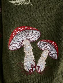 ROMWE Goth Mori Style Mushroom Herbal Star Moon Embroidered Short Loose Cardigan For Women - Army Green - View 3