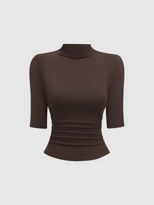 Sweetra Spring/Autumn New Solid Color Stand Collar Short Sleeve Top, Slim Fit, Elegant Minimalist, Suitable For Streetwear And Daily Wear - Multicolor - View 7