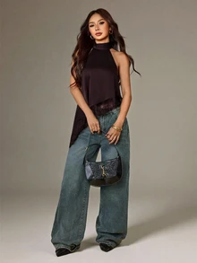 SHEIN PETITE 不對稱高領掛脖上衣，蕾絲飾邊，晚宴派對雞尾酒會正式優雅無袖款 - 紫紅色 - 查看 11