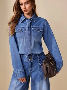 Selenza Women's Fashion Versatile Button Long Sleeve Denim Jacket - Blue - View 12