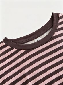 SHEIN تي شيرت فتيات مراهقات وردي وبني مخطط بياقة دائرية وأكمام طويلة لفصل الخريف، ملابس العودة إلى المدرسة - متعدد الألوان - مشاهدة 4