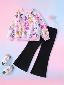 My Little Pony X SHEIN طقم بلوزة رياضية بأكمام طويلة مطبوعة برسومات كرتونية وبنطال واسع للفتيات الصغيرات - وردي - مشاهدة 1