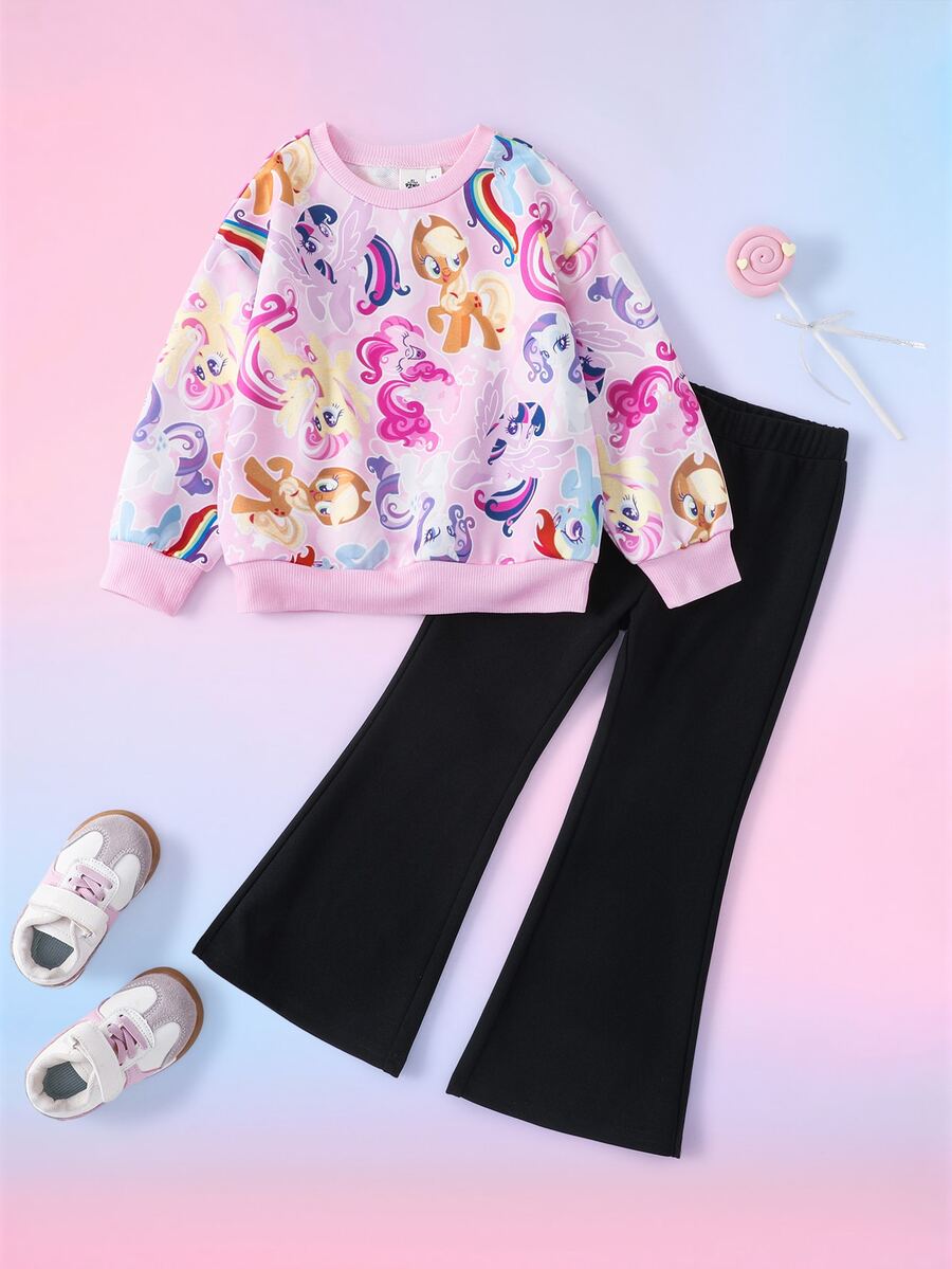 My Little Pony X SHEIN طقم بلوزة رياضية بأكمام طويلة مطبوعة برسومات كرتونية وبنطال واسع للفتيات الصغيرات - وردي - مشاهدة 1