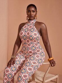 JIAN LASALA All-Over Print Halter Neck Tie Sleeveless Flared Leg Women Summer Plus Size Jumpsuits Boho Casual - Multicolor - View 3