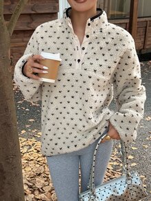 DAZY Cream White Polka Dot Lamb Fleece Round Neck Button Half-Placket Loose Long Sleeve Casual Sweatshirt - Grey - View 6