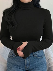 Dazy Plus Korean Style Autumn/Winter New High Neck Slim Fit Base Layer T-Shirt - Black - View 7