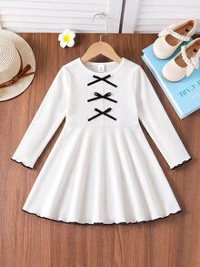 Emery Rose Kids Emery Rose Kids 女童小女孩蝴蝶結裝飾圓領長袖可愛洋裝 - 彩色 - 查看 4