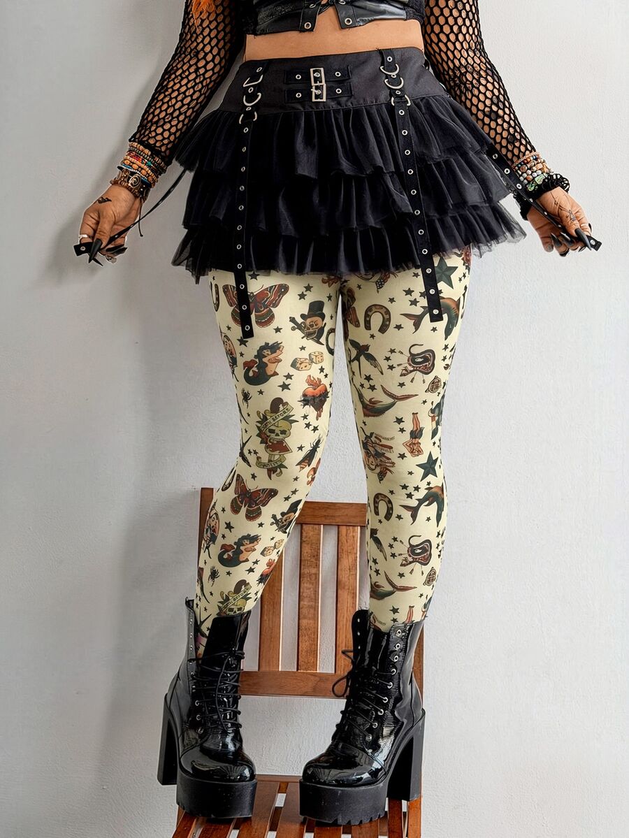 Whyspr Plus Size Punk Mesh Digital Print Leggings - Apricot - View 1