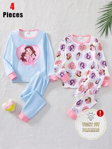 SHEIN 【隨機6款，1套發貨】女童幼兒居家睡衣套裝，長袖長褲，兔子愛心蝴蝶結波點花朵卡通印花，四季適用，居家或戶外玩耍，柔軟親膚貼身 - 彩色 - 查看 11