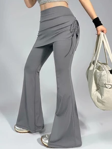 DAZY Summer Korean Style High-Waisted Gray 2 In 1pants With Pleats And Flared Design, Slim Fit, Suitable For Sports, Fitness, Casual Wear, And Commuting. Women's Sports Leggings. - Grey - View 4