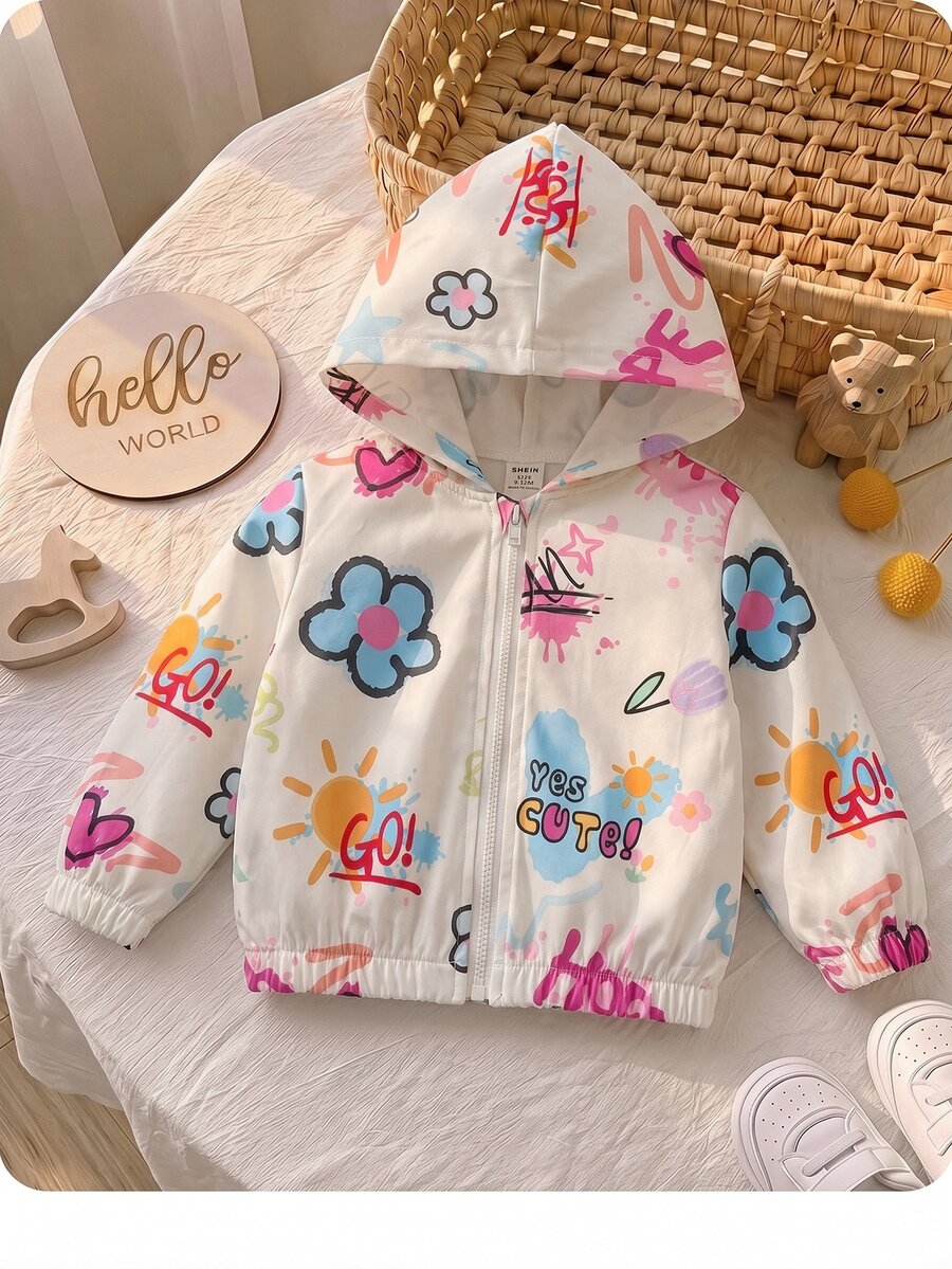 SHEIN 女嬰可愛休閒粉色花卉圖案連帽秋季外套 - 彩色 - 查看 1