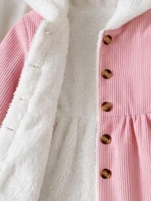 SHEIN 1件嬰兒幼童女童抓絨連帽外套，可愛甜美粉白配色，燈芯絨耳朵飾邊，鈕扣長袖加厚戶外冬季度假毛絨外套 - 珊瑚粉 - 查看 4