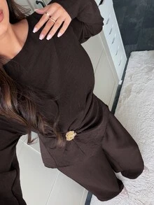 Veilorie Women's Solid Color Metal Decor Long Sleeve Top And Pants Arabic Clothing Set - Coffee Brown - View 3