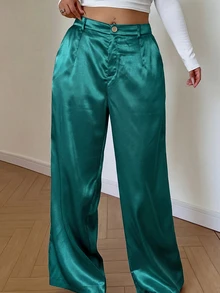 Sunnyshic Glossy Solid Color Draped Straight Leg Pants With Slanted Pockets - Blue - View 7