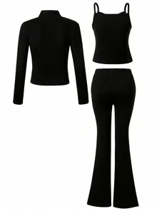 SHEIN Sparklyn 甜美粉色 3 件套：立領夾克 + 吊帶背心 + 喇叭褲，完成你的日常穿搭。修身而不緊繃，溫柔優雅。適合學校、運動和與朋友聚會，輕鬆打造甜辣少女風 - 黑色 - 查看 2