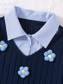 SHEIN Tween Girls Navy Blue 2 In 1 Striped Shirt With Navy Blue Leggings Set, 3D Floral Decoration, Preppy Style Two Pieces Outfit, Autumn - Multicolor - View 7