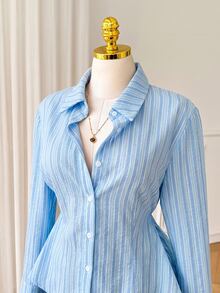 SHEIN EZwear Plus Size Casual Striped Single-Breasted Long Sleeve Shirt - Multicolor - View 6