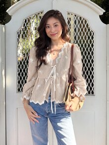 Serisse 女款彎曲V領前綁帶條紋荷葉邊下擺時尚襯衫 - 卡其色 - 查看 7