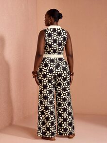 JIAN LASALA Jumpsuit Kasual Musim Panas Wanita Ukuran Plus Tanpa Lengan dengan Kerah dan Kancing, Motif Aneka Warna Kontras Warna - MultiWarna - View 2