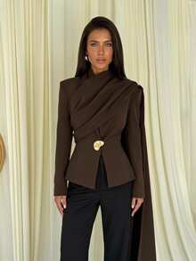 Aloruh Women's Elegant Business Commute Coffee Color Blazer With Shawl Decoration Solid Color Long Sleeve Jacket Autumn/Winter - Coffee Brown - View 6