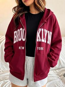 SHEIN 1件青少年女孩休閒極簡字母印花口袋拉鍊連帽長袖運動衫外套，簡約街頭風，秋冬必備 - 酒紅色 - 查看 3