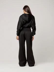 Musera Petite Black Hooded Zip Through Cinched Waist Jumpsuit Fall Autumn Winter Back To School Daily Everyday - Black - View 3
