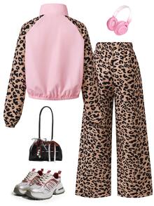 SHEIN 2件組時尚休閒女款/青少年新款拼接拉鍊立領夾克與寬鬆豹紋長褲，適合春秋冬，戶外、旅行、街頭風、日常休閒、居家、旅行、開學季、日常穿搭 - 彩色 - 查看 2