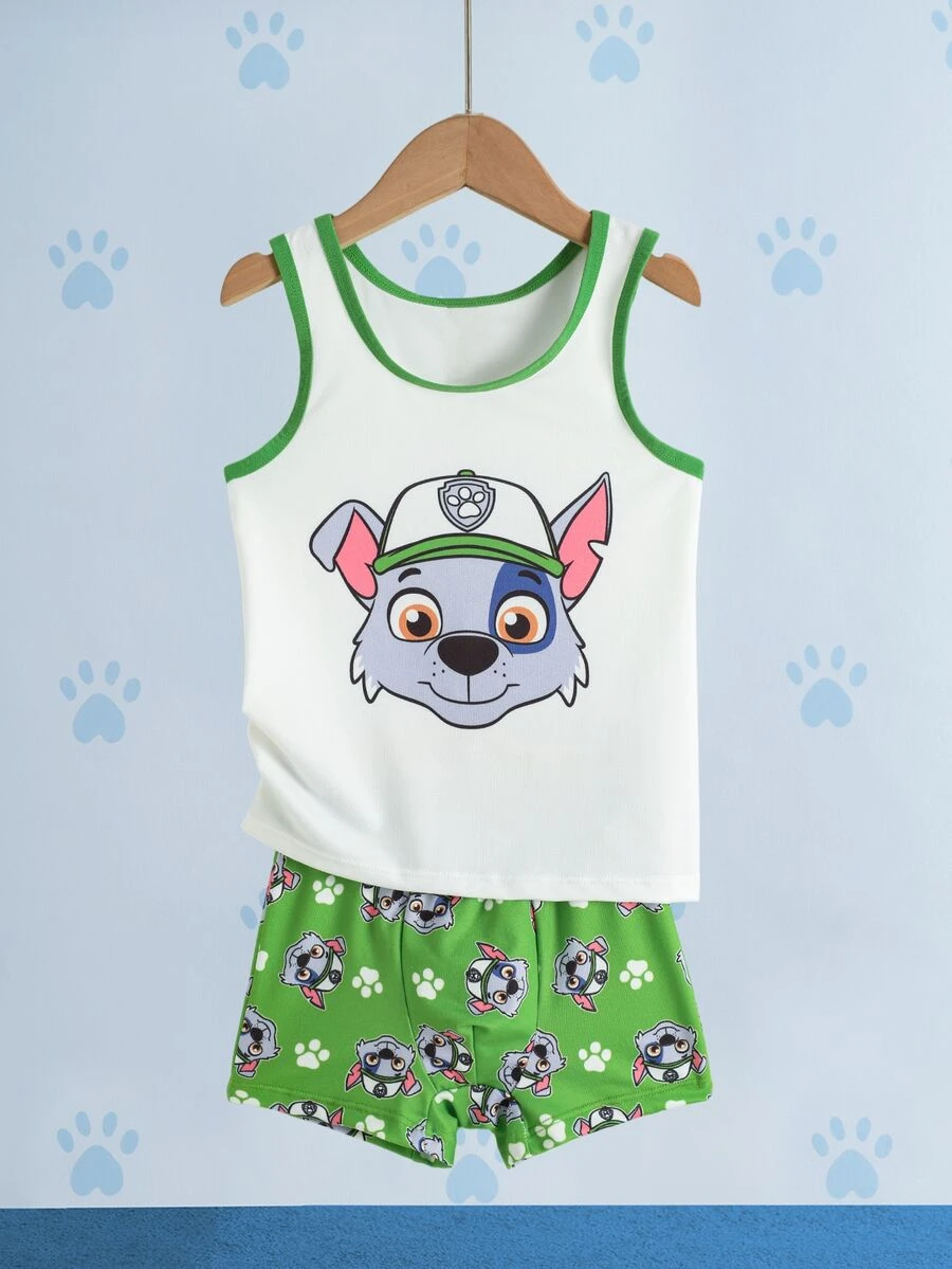 SHEIN | PAW Patrol Young Boy Cartoon Print Tank Top And Boxer Briefs Set - Green - View 1