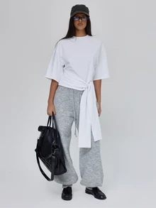 MUSERA Crewneck Loose Boxy Fit Cinched Tie Waist Tshirt Tee Fall Autumn Winter Coolgirl Back To School Blancs - White - View 3