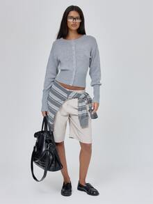 MUSERA Grey Knit Button Down Long Sleeve Cardigan Top Fall Autumn Winter Coolgirl Back To School Blancs - Grey - View 3