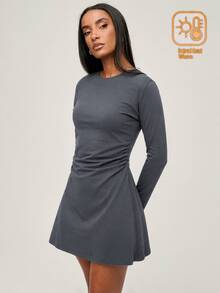 SHEIN BASICS Women's Solid Color Round Neck Long Sleeve Casual Short Dress Brunch Dark Grey Autumn - Coffee Brown - View 1