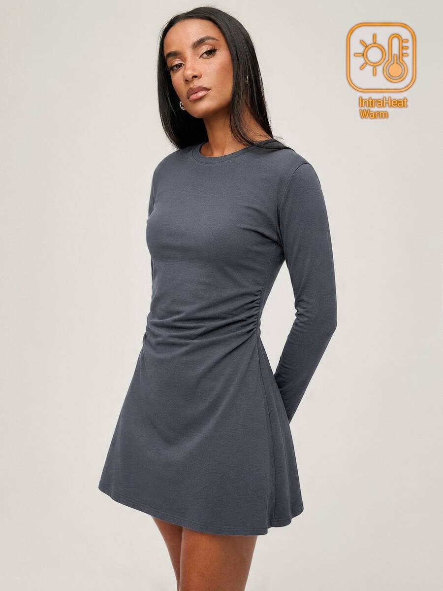 SHEIN BASICS Women's Solid Color Round Neck Long Sleeve Casual Short Dress Brunch Dark Grey Autumn - Coffee Brown - View 1