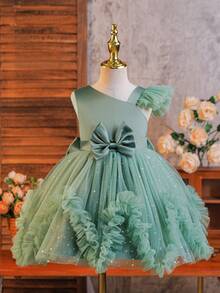 SHEIN Girls' Mesh Asymmetric Shoulder Sequin Princess Dress - Green - View 1